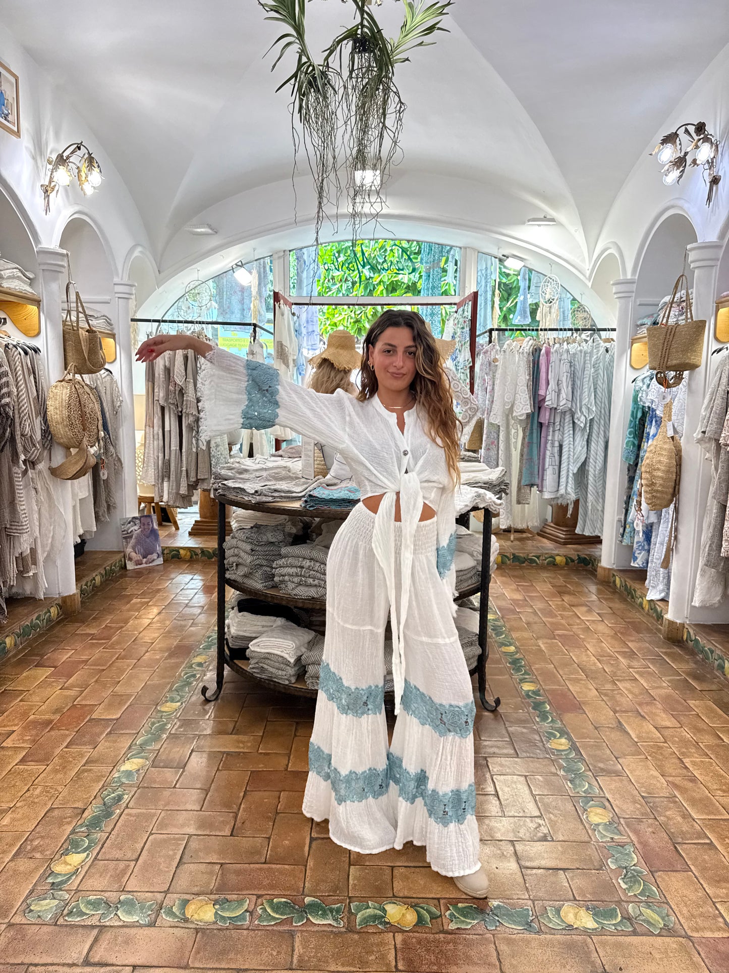 Set Pantaloni e top di Lino più pizzo macrame