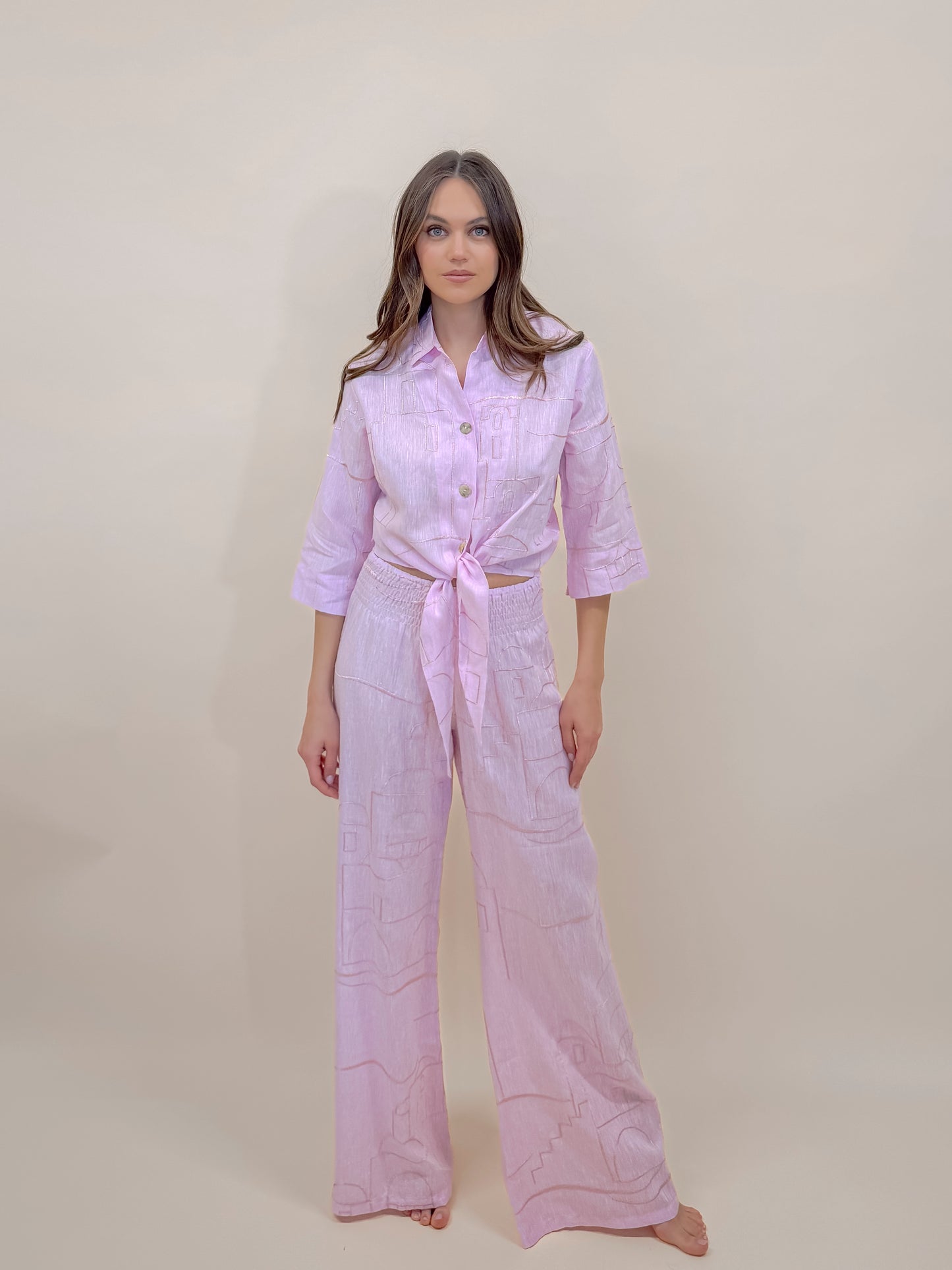 SET PANTALONE E CAMICIA SOFIA IN PURO LINO CON RICAMO POSA POSA