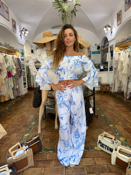 SET TOP E PANTALONE IN 100% LINO CAPRI MOOD MADE IN POSITANO
