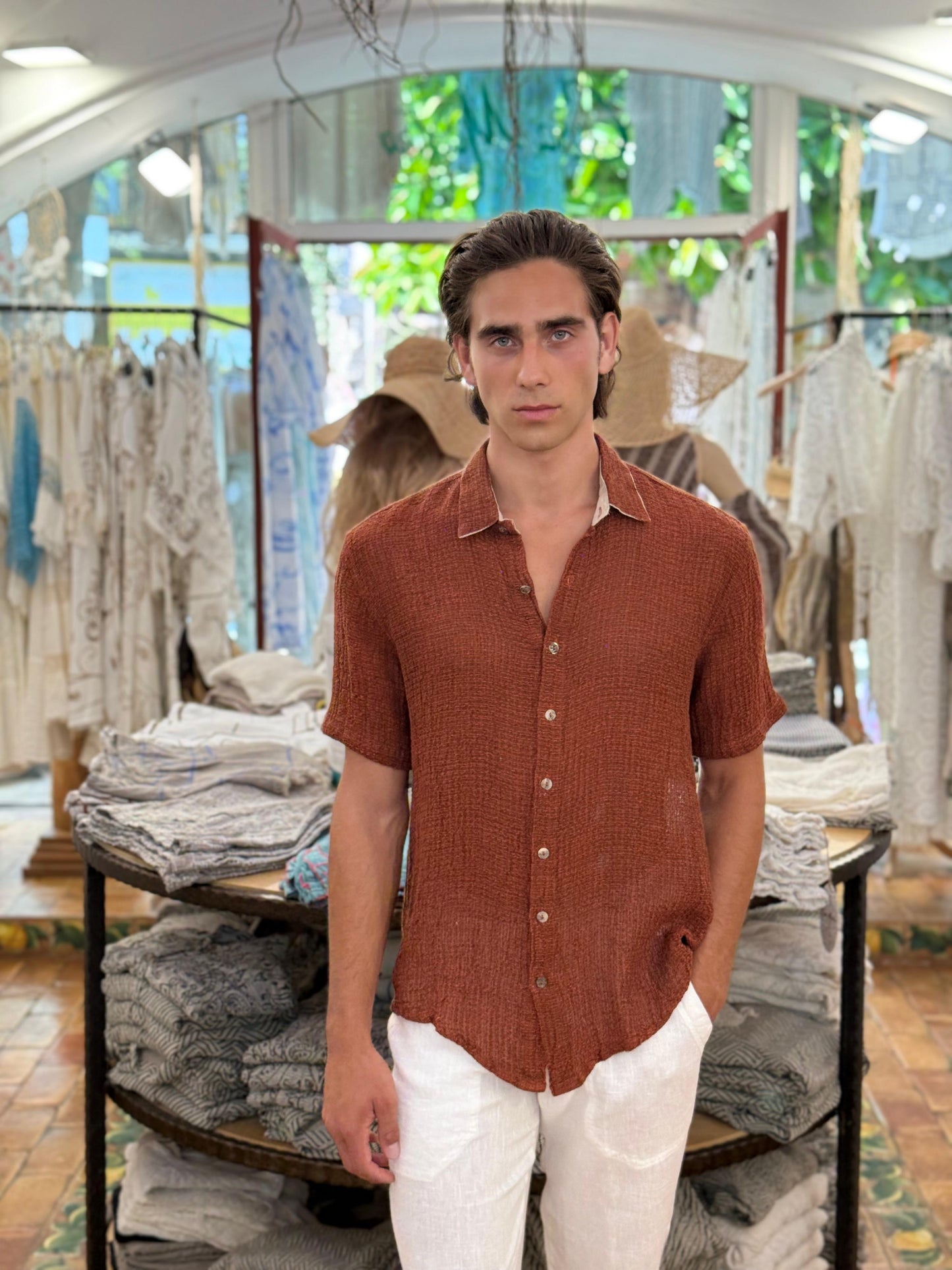 CAMICIA IN GARZA DI LINO RETE COLOR MATTONE