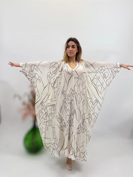 COMPLETE LONG DRESS AND EMBROIDERED LINEN COAT MADE IN ITALY