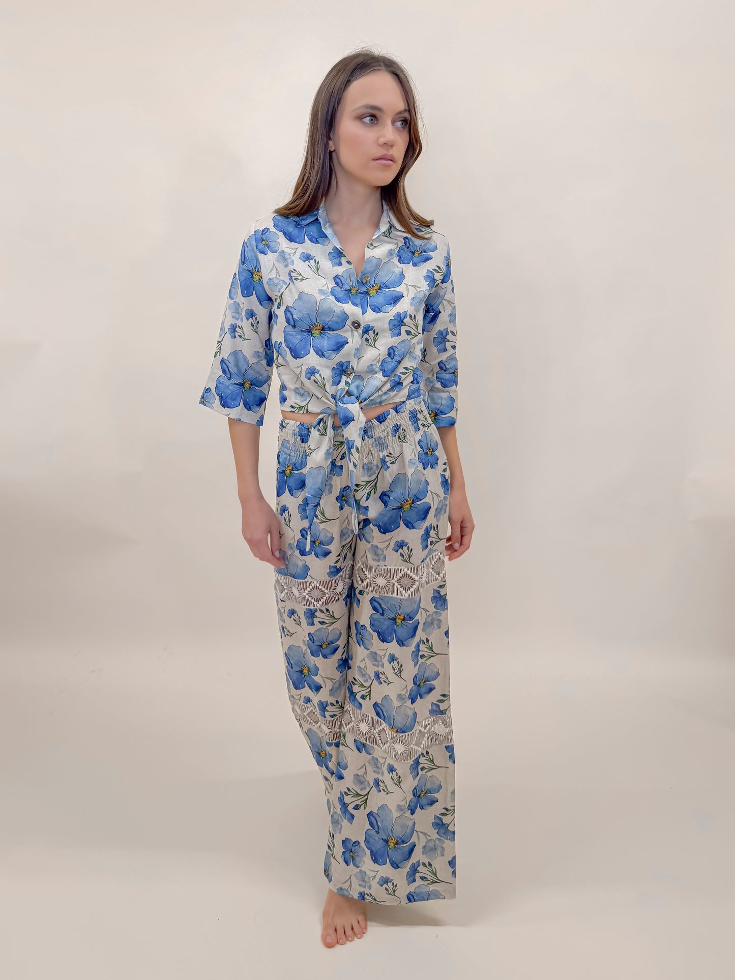 SET GONNA E CAMICIA SOFIA STAMPA FIORE, LINO MODA MARE POSITANO MADE IN ITALY