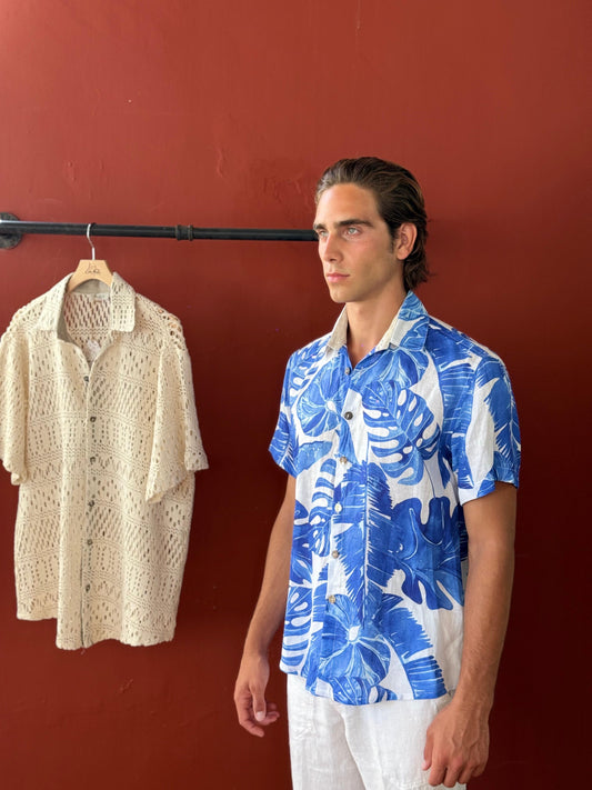 CAMICIA IN STAMPA DI LINO FOGLIE BLUE