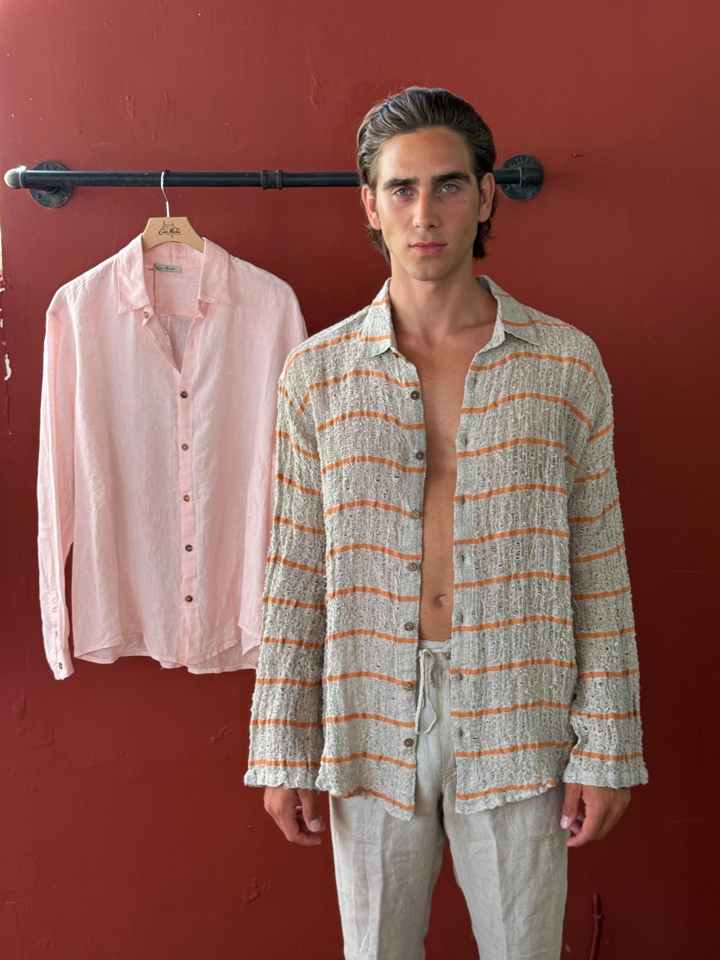 CAMICIA FULLBUTTONS IN RETE DI LINO écru riga arancio