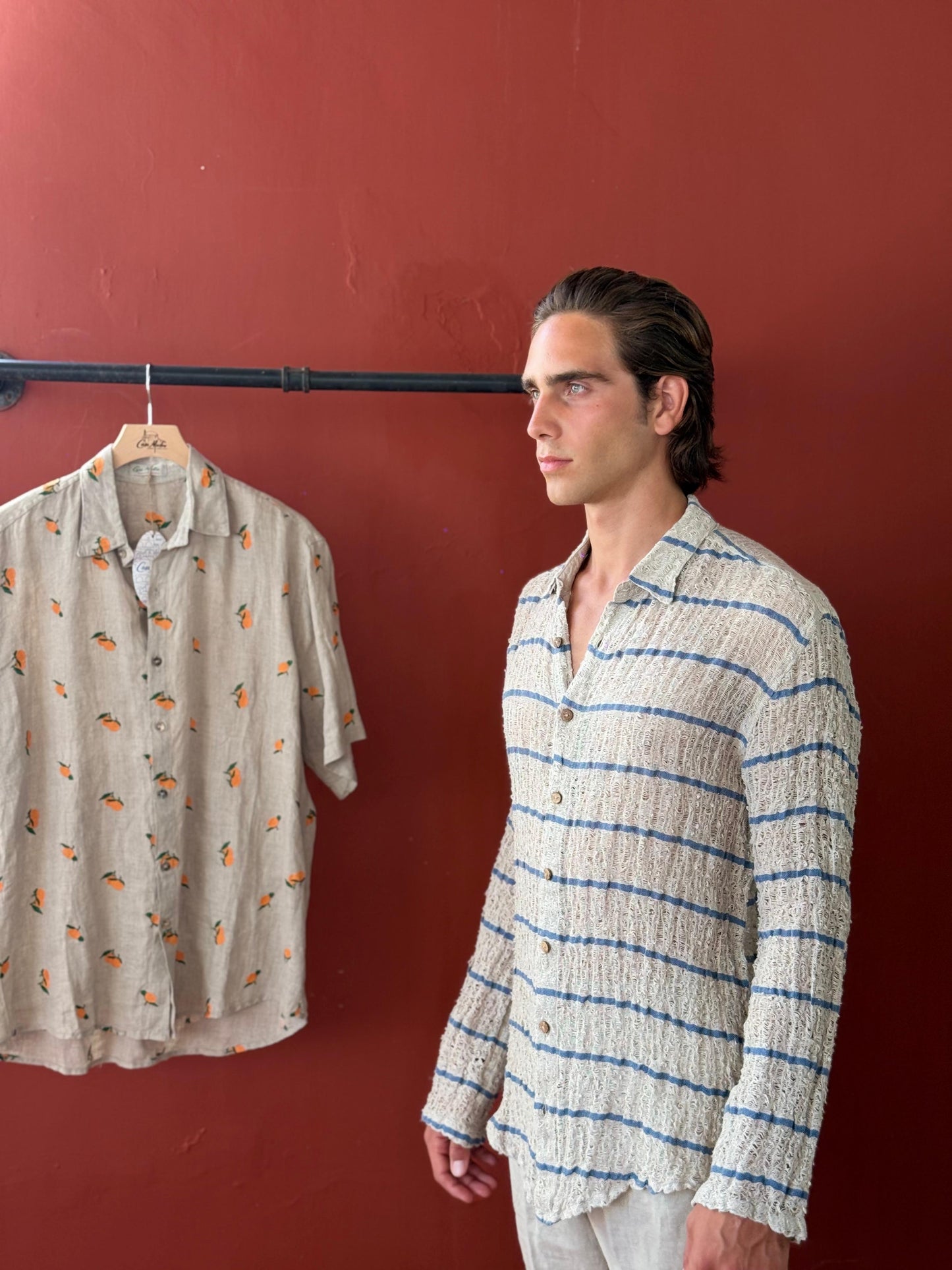 CAMICIA FULLBUTTONS IN RETE DI LINO écru riga blue