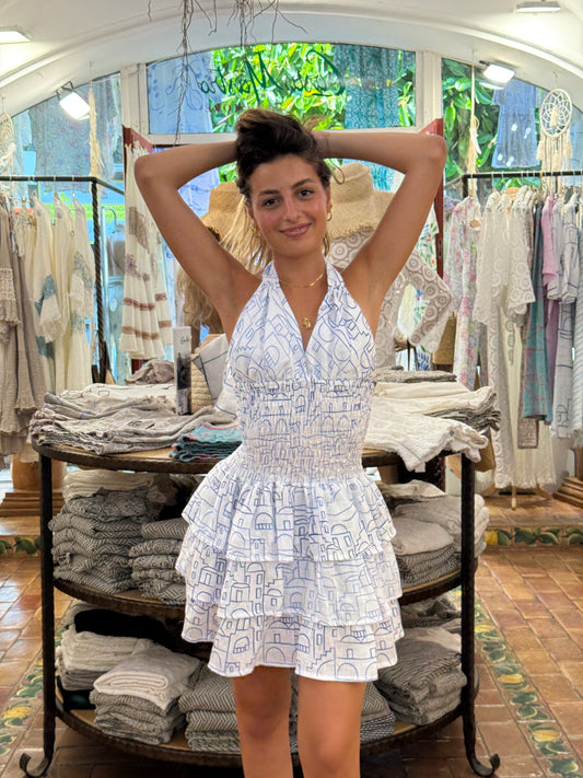 MINI DRESS IN 100 % LINO STAMPATO MOTIVO CASETTE POSITANO