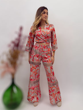 Bolero Top in printed linen and tiered trousers and laces