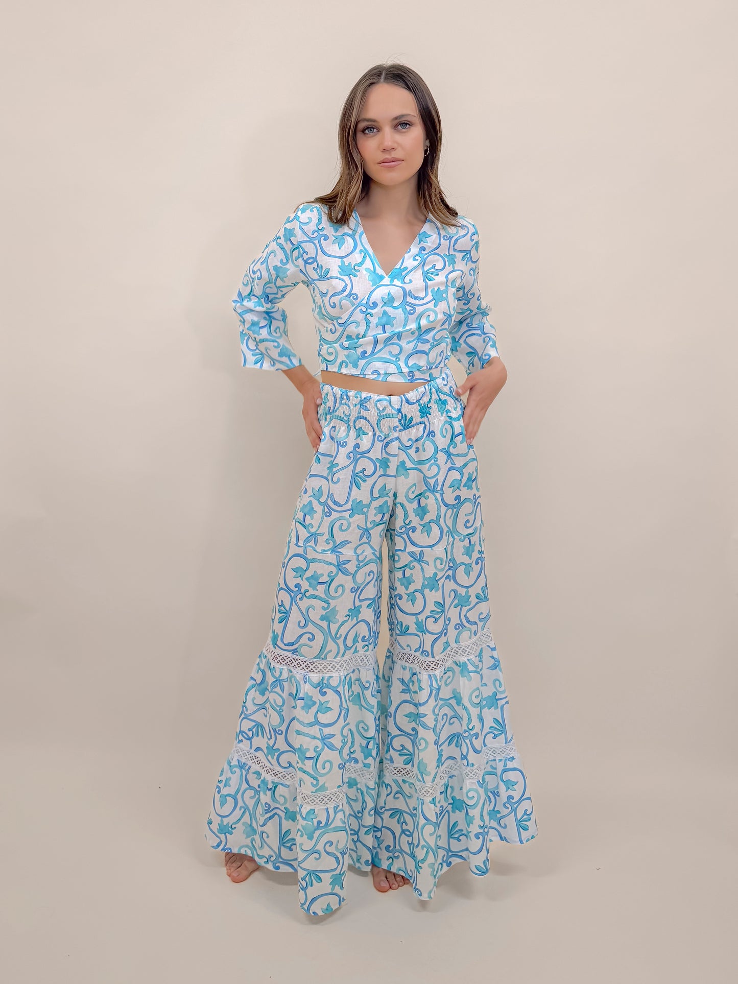 SET PANTALONE A BALZE  E BOLERO STAMPA RINGHIERA , LINO MODA MARE POSITANO MADE IN ITALY