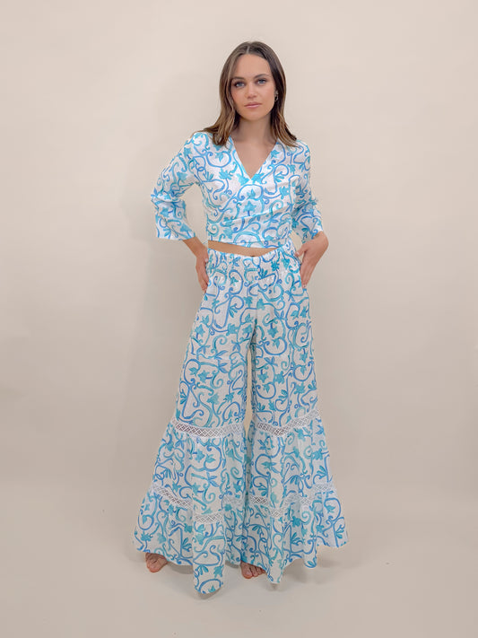 SET PANTALONE A BALZE  E BOLERO STAMPA RINGHIERA , LINO MODA MARE POSITANO MADE IN ITALY
