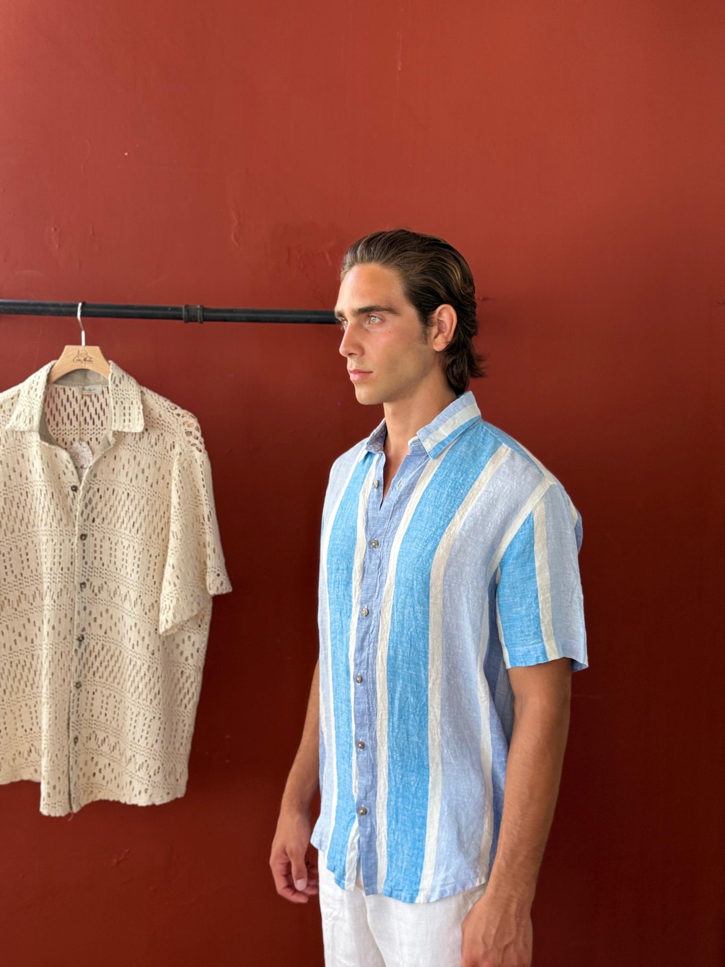 CAMICIA MEZZA MANICA IN PURO LINO FASCE TURCHESI E AZZURRO
