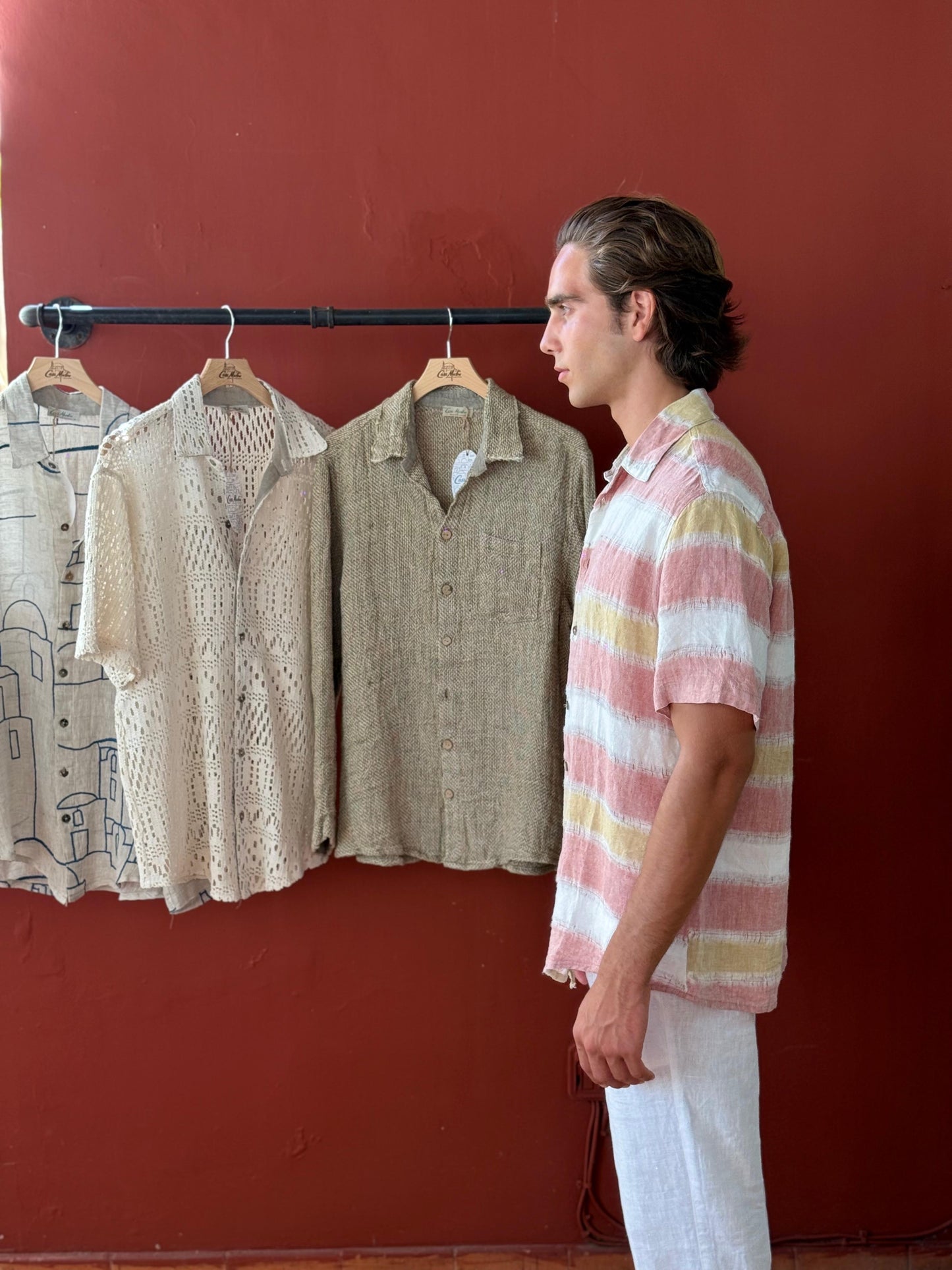 CAMICIA MEZZA MANICA IN LINO GREZZO EFFETTO STRAMATO