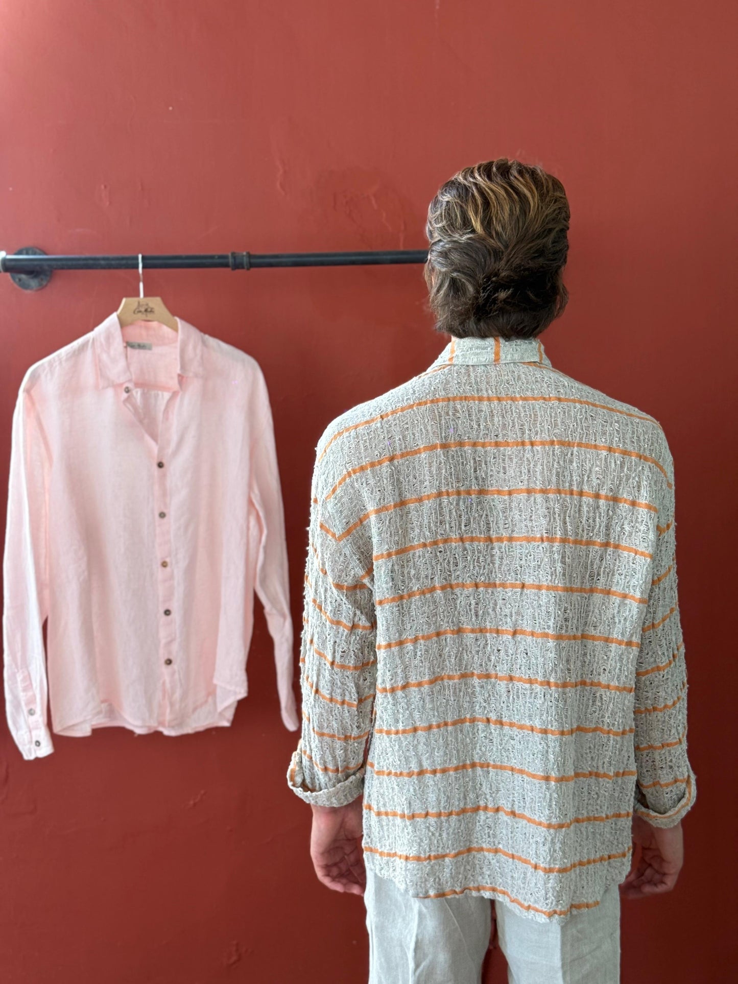 CAMICIA FULLBUTTONS IN RETE DI LINO écru riga arancio