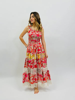 DRESS PAULINE LINEN PRINTED AND LACE red