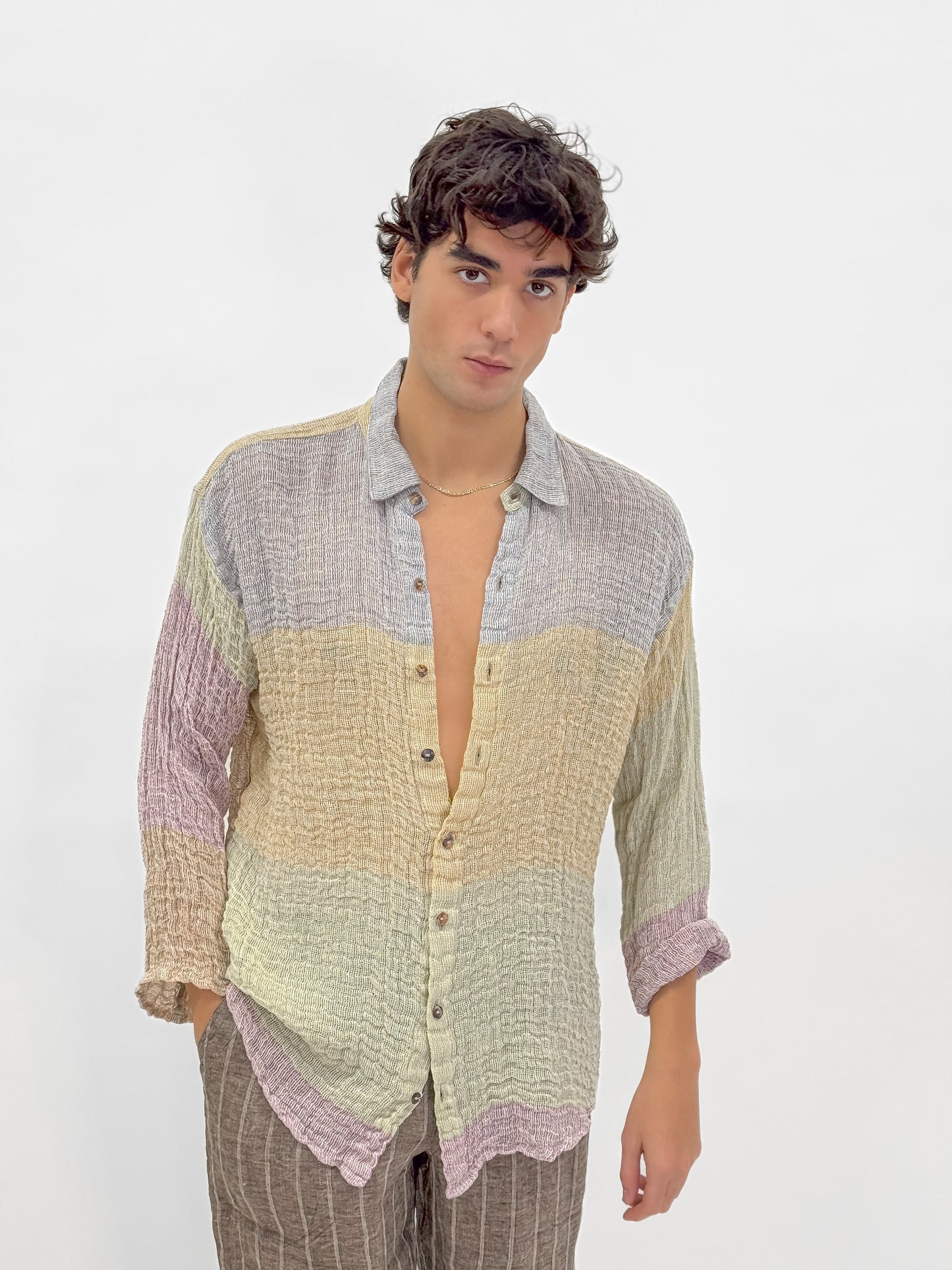 SHIRT 100% LINEN COLORED STRIPES MADE IN ITALY