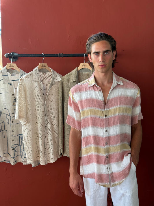 CAMICIA MEZZA MANICA IN LINO GREZZO EFFETTO STRAMATO
