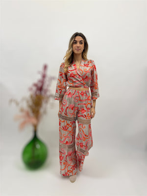 Bolero Top in printed linen and tiered trousers and laces