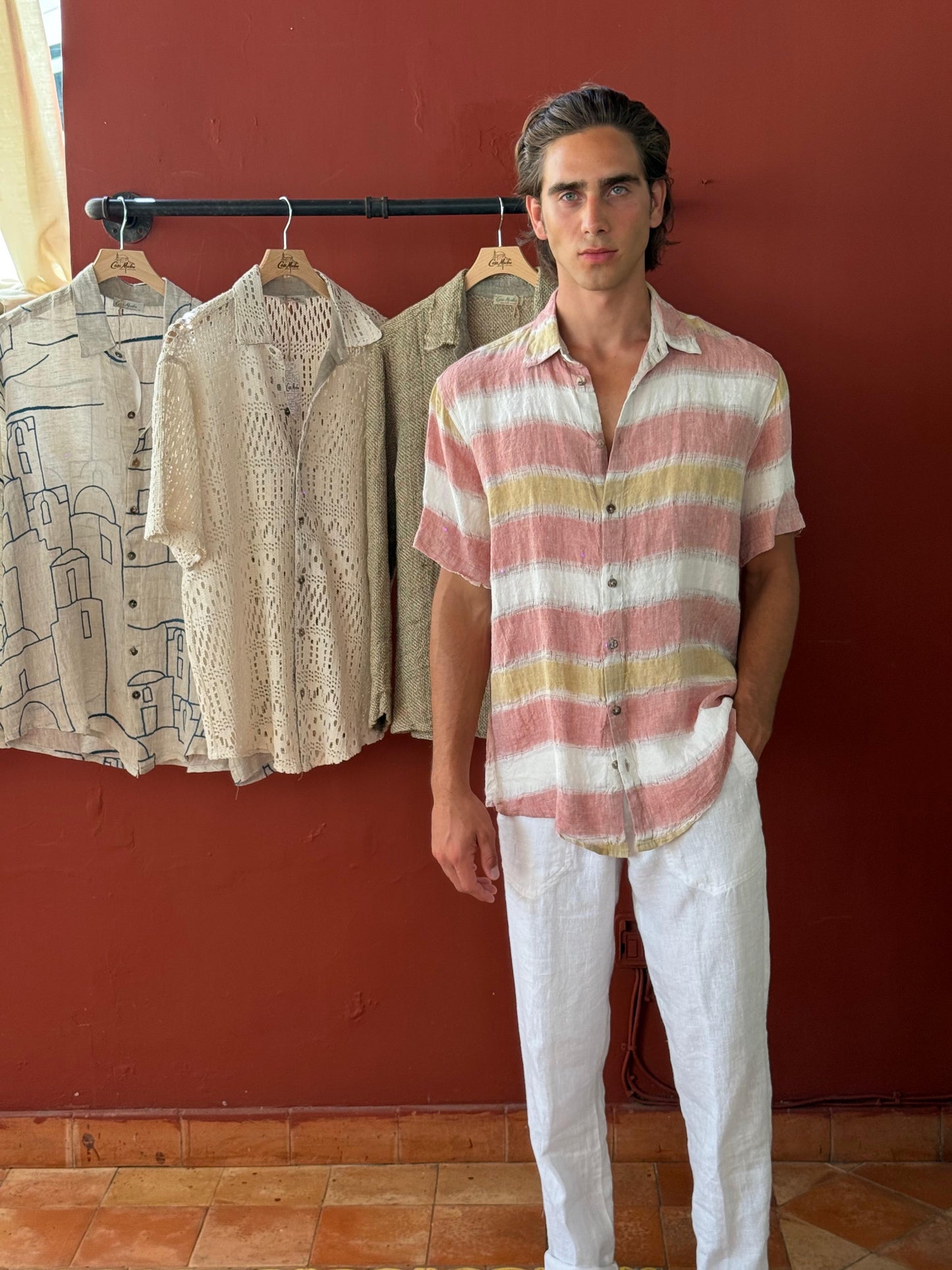 CAMICIA MEZZA MANICA IN LINO GREZZO EFFETTO STRAMATO