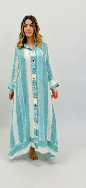 DRESS AQUA IN RAW LINEN