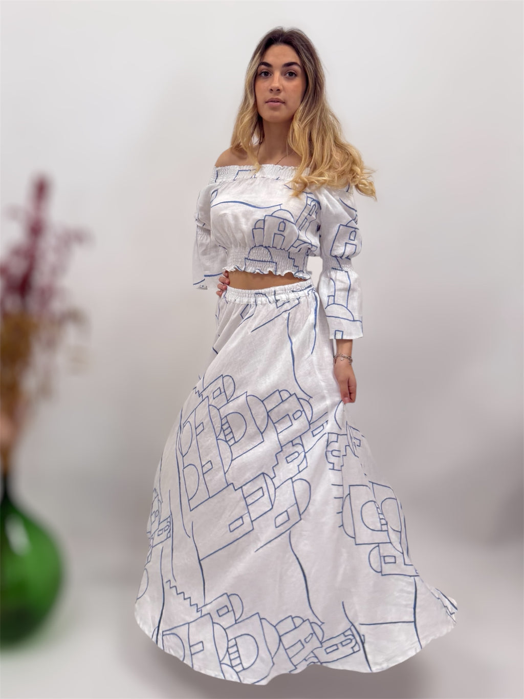 SET OF Positano EMBROIDERED OUTLINE SKIRT AND CROP TOP