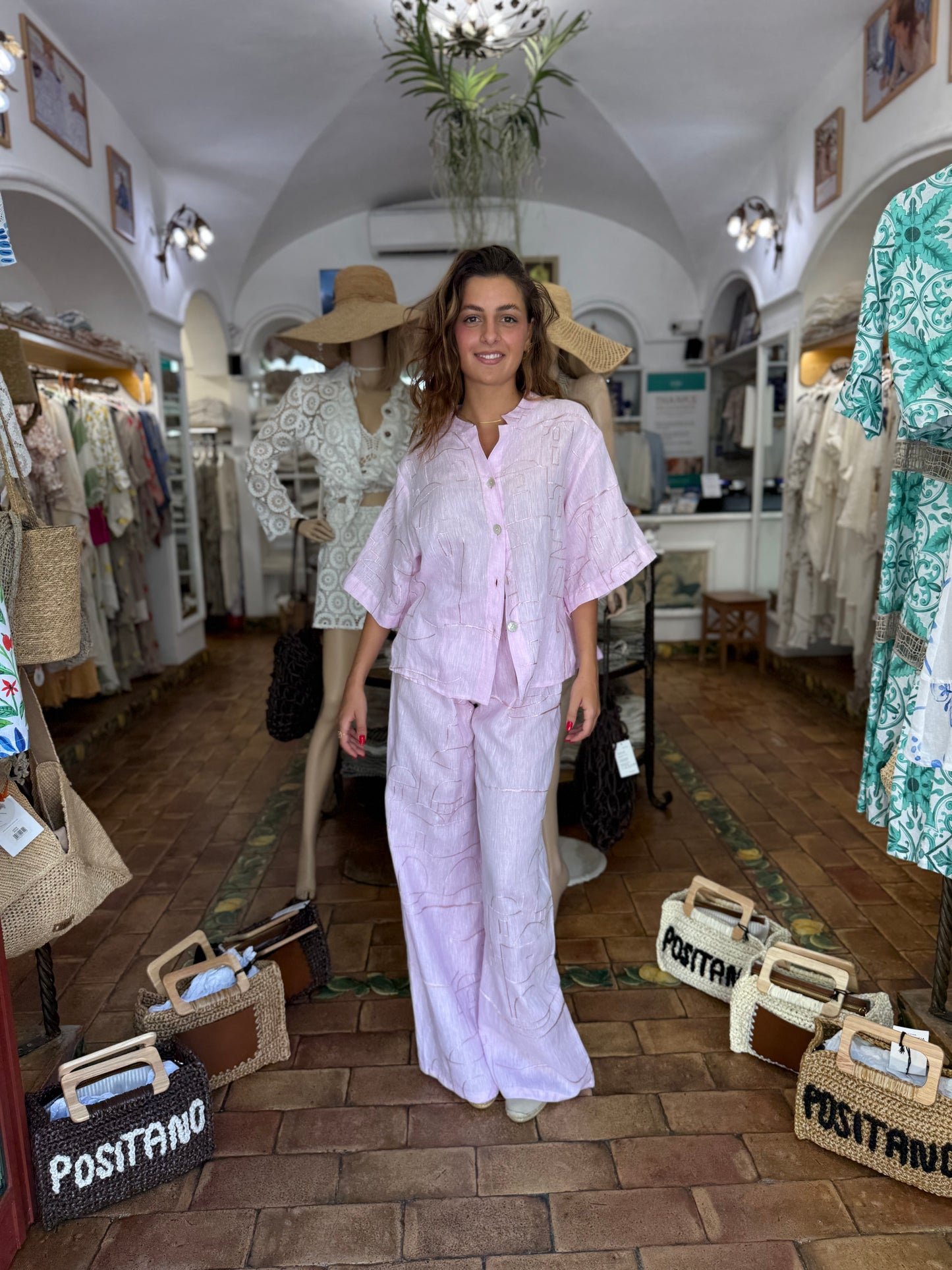 COMPLETO IN LINO RICAMATO MODA MARE POSITANO MADE IN ITALY