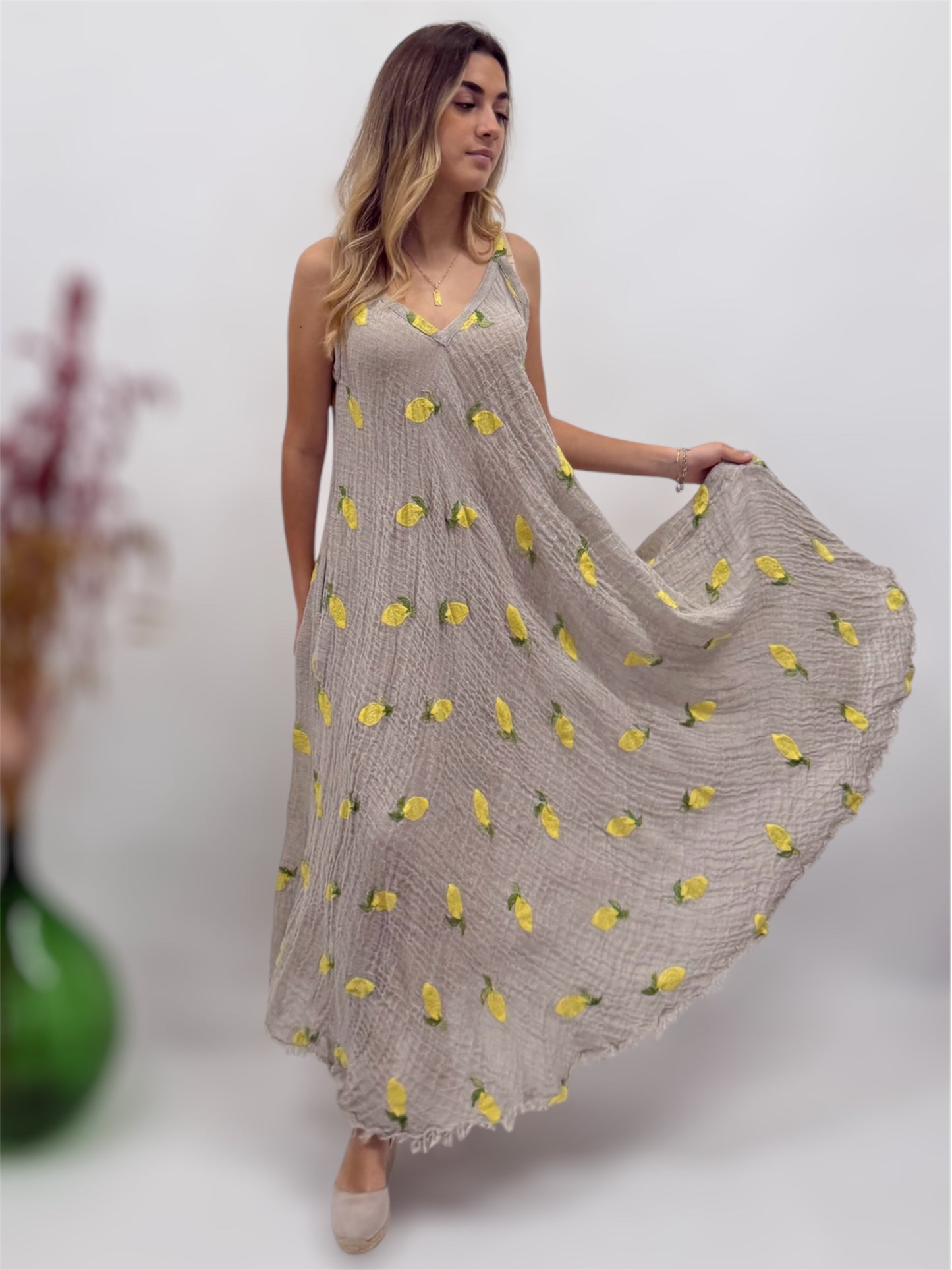 Long raw linen dress with Embroidered lemons