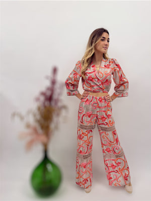 Bolero Top in printed linen and tiered trousers and laces