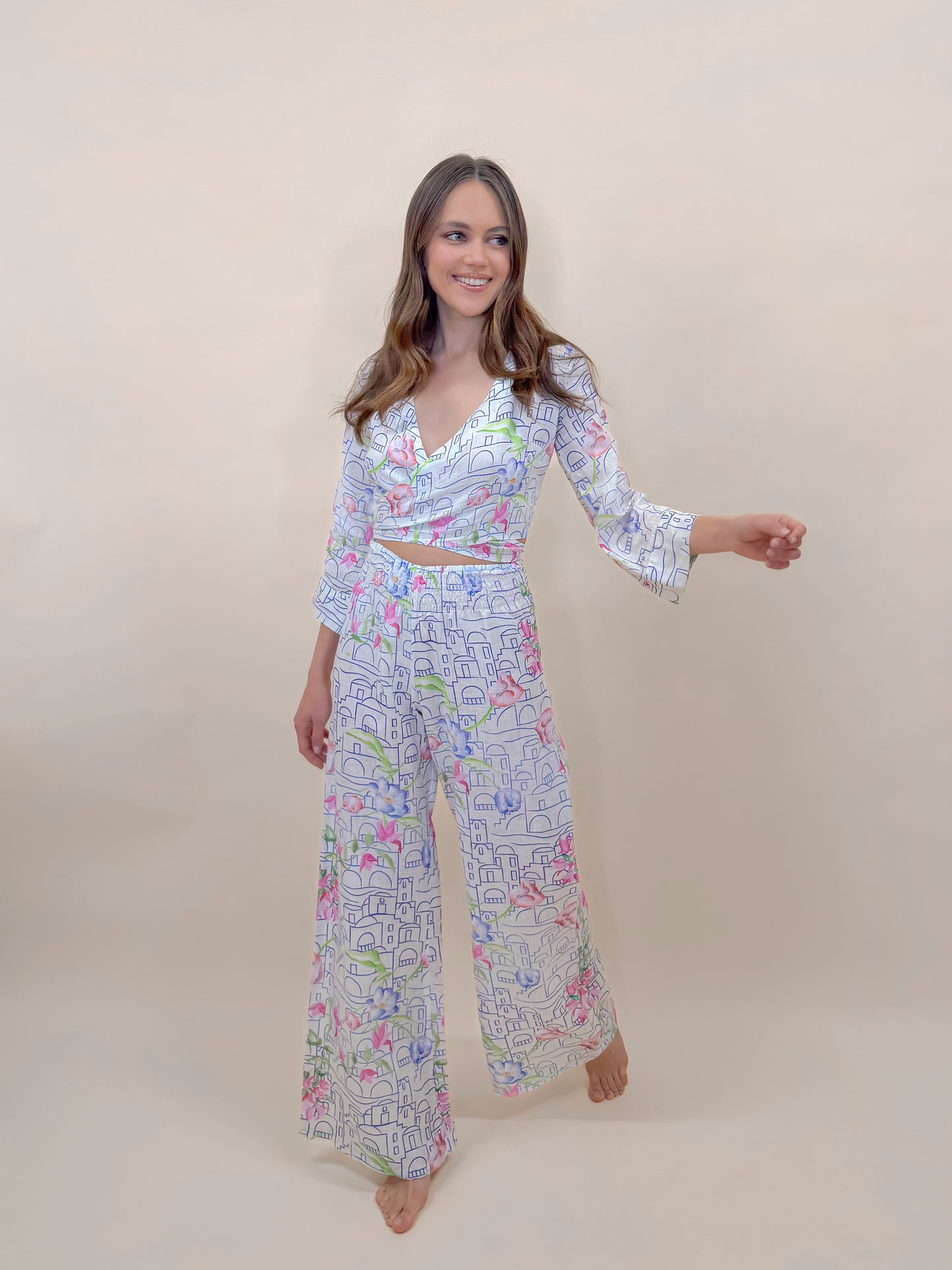 SET PANTALONE E BOLERO STAMPA POSITANO, LINO MODA MARE POSITANO MADE IN ITALY