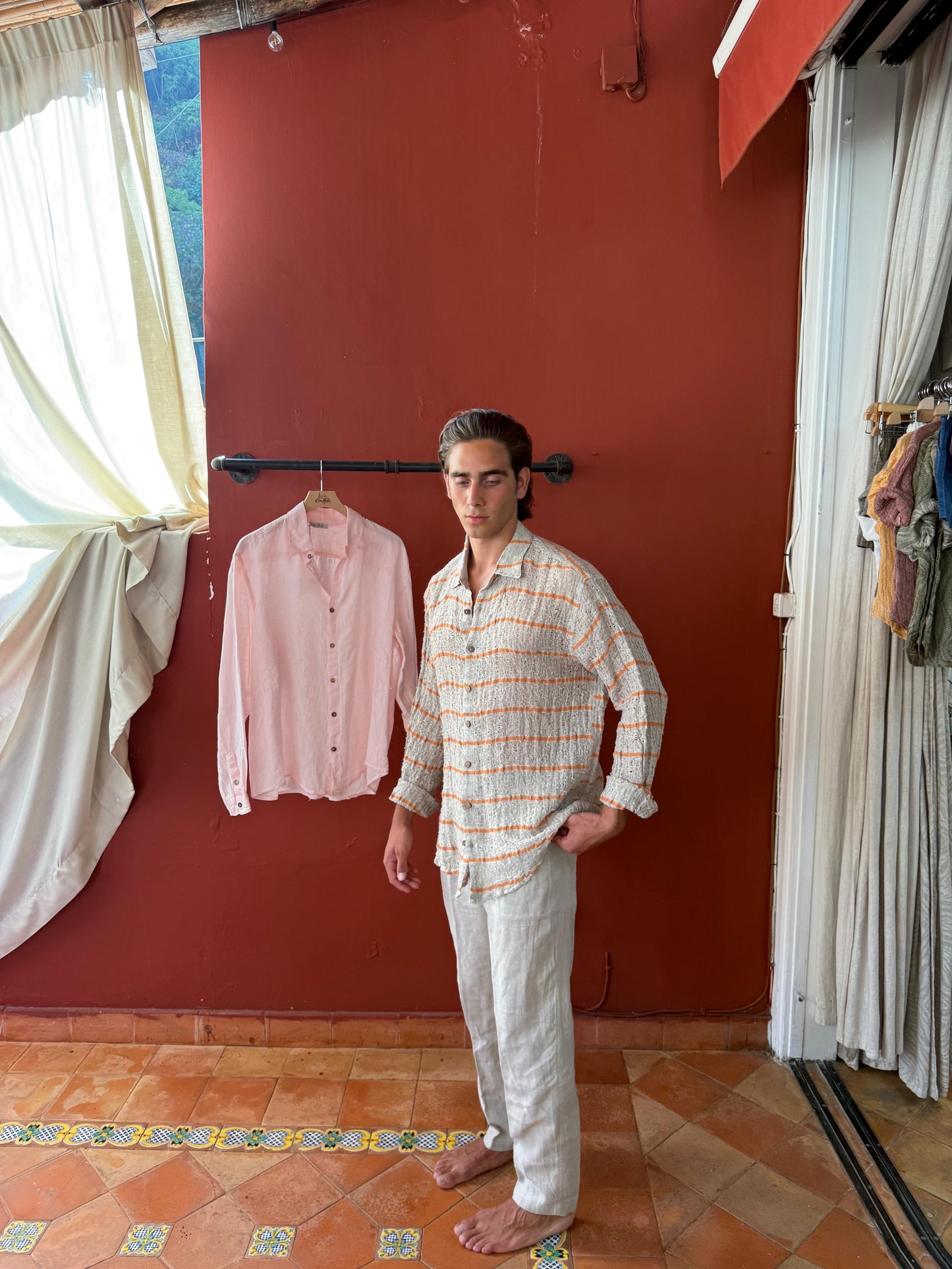 CAMICIA FULLBUTTONS IN RETE DI LINO écru riga arancio