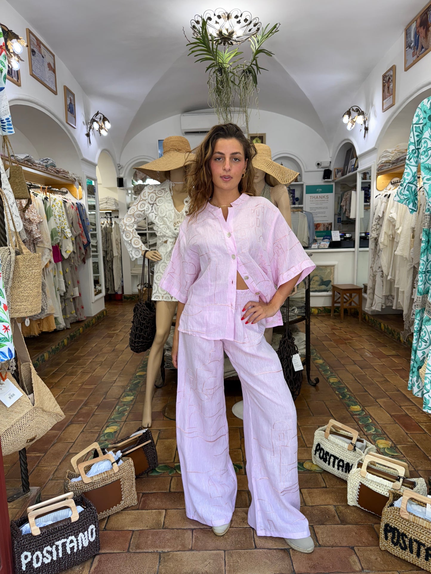 COMPLETO IN LINO RICAMATO MODA MARE POSITANO MADE IN ITALY