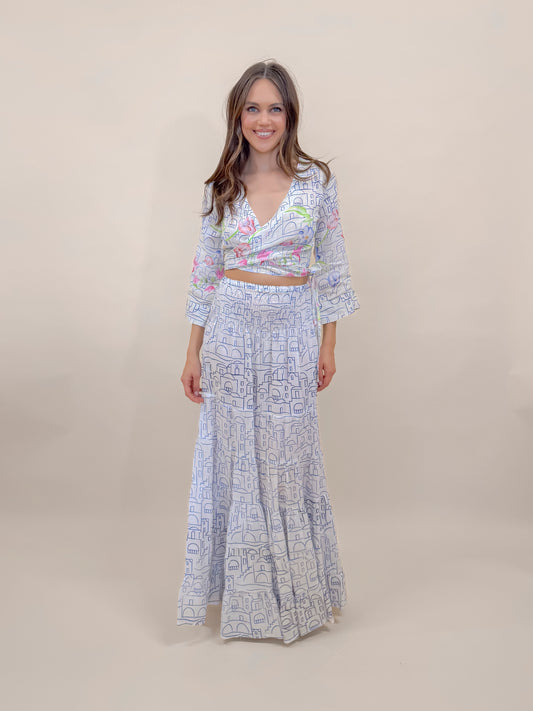 SET GONNA E BOLERO STAMPA POSITANO, LINO MODA MARE POSITANO MADE IN ITALY