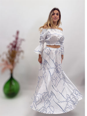 SET OF Positano EMBROIDERED OUTLINE SKIRT AND CROP TOP