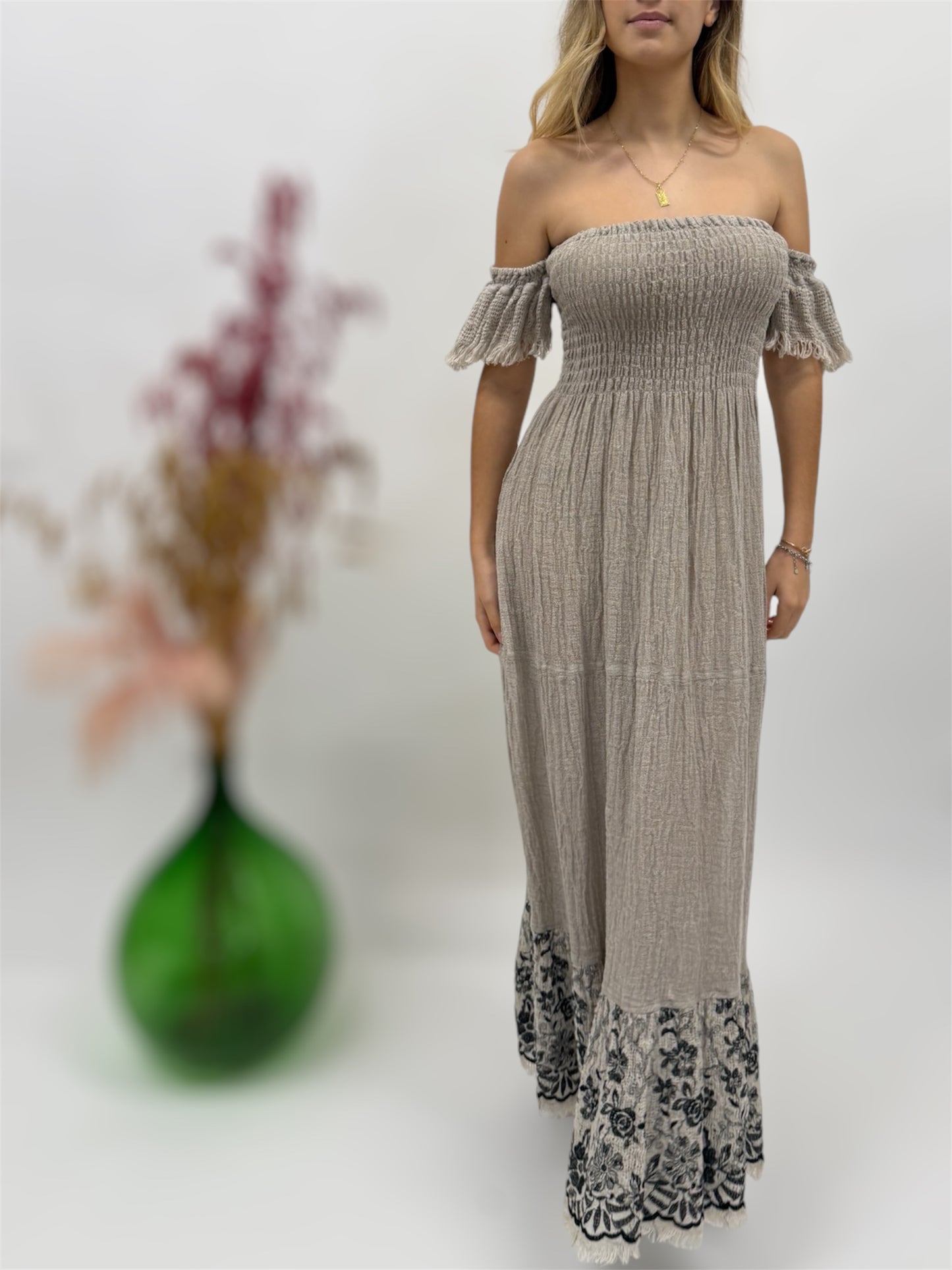 DRESS NINNY IN RAW LINEN AND PRECIOUS EMBROIDER