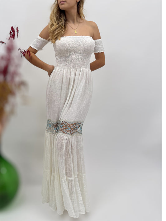 DRESS NINNI IN NATURAL LINEN AND LACE HANDCRAFTED IN POSITANO HANDMADE